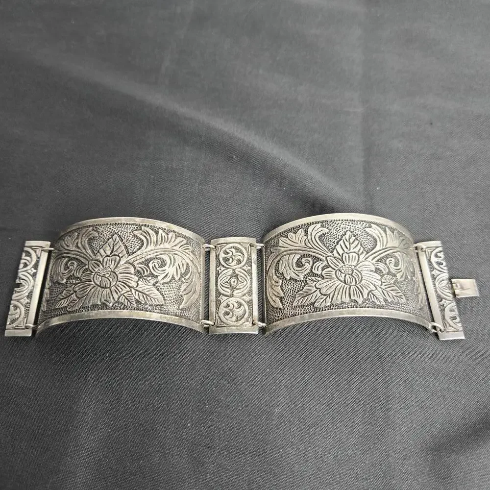 Vintage Peru 925 Sterling Silver Wide Floral Panel Bracelet Cuff 61g Artisan - Picture 3 of 9